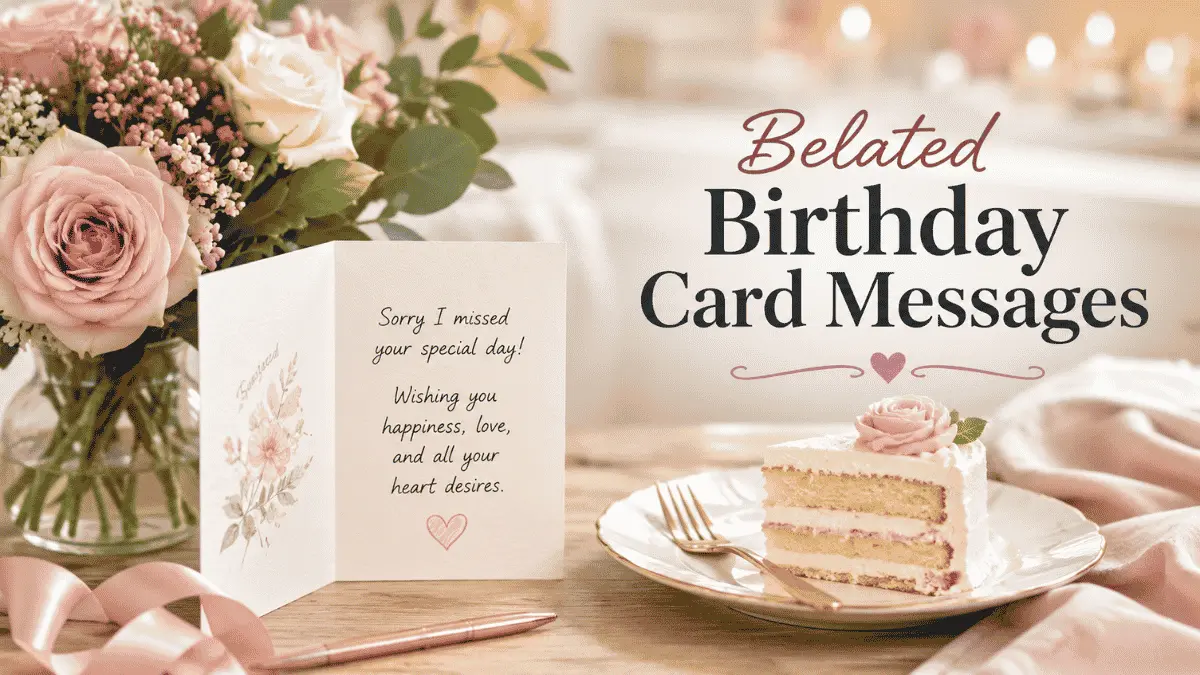 Belated birthday card messages with flowers cake and thoughtful note