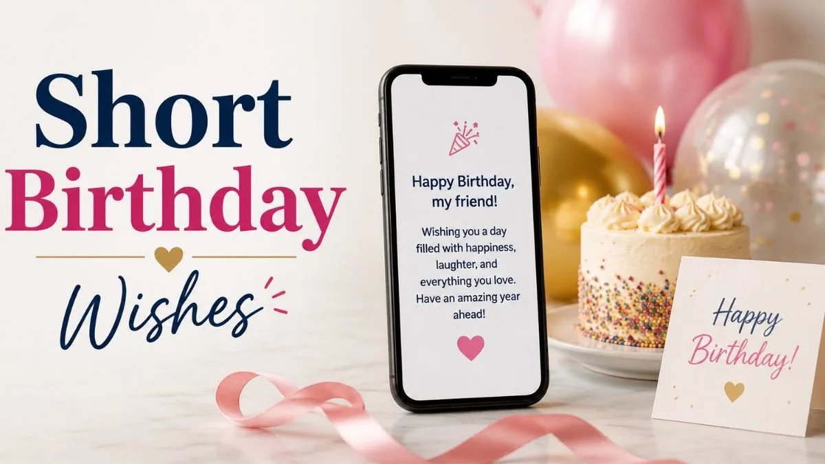 Short birthday wishes for a friend with a greeting card, phone, cake, and simple celebration setup