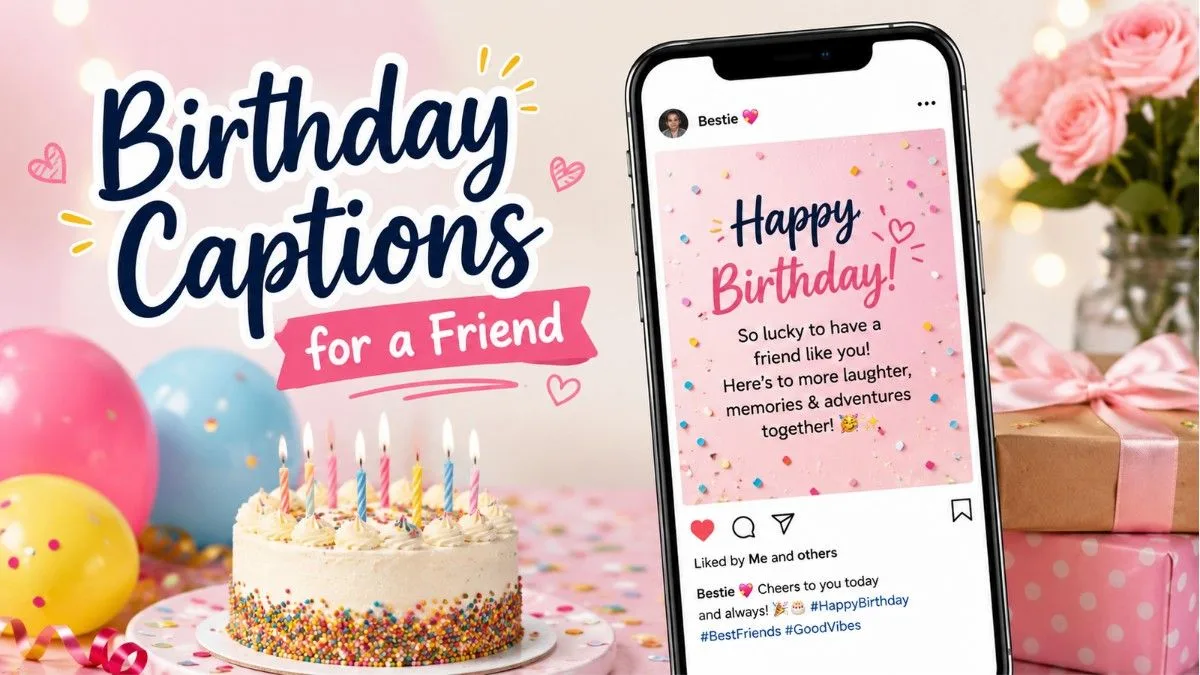 Birthday captions for a friend with phone screen, birthday photo setup, balloons, cake, and social media style