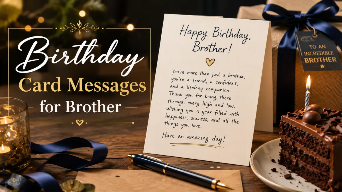 Handwritten birthday card message for brother with cake and gift ribbon