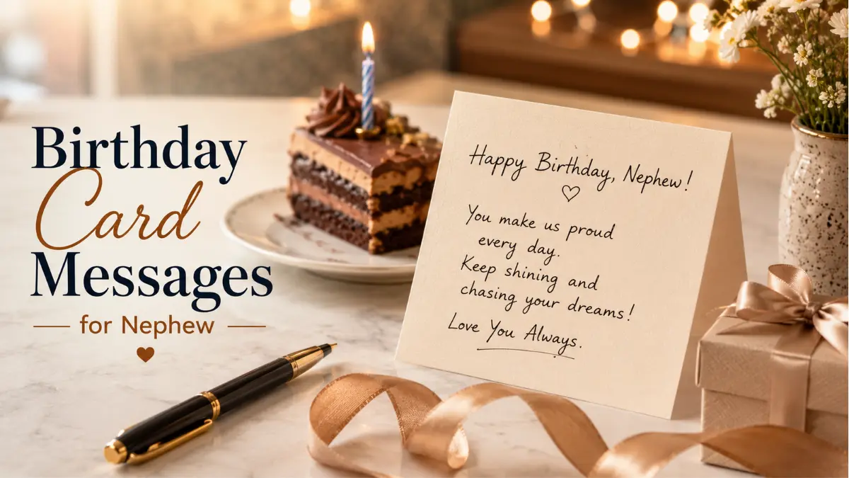 Birthday card messages for nephew with handwritten card, gift, and candles.