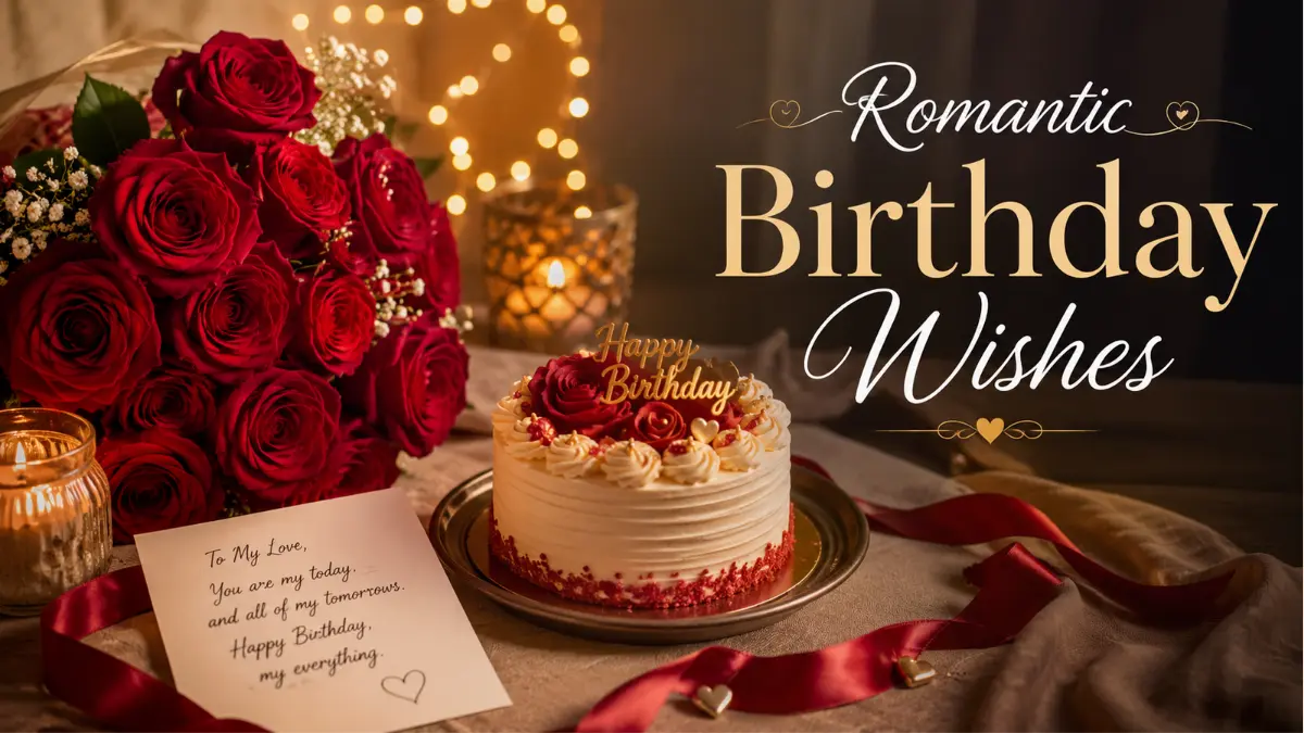 Romantic birthday wishes for wife with roses, candles, birthday cake, and love note.