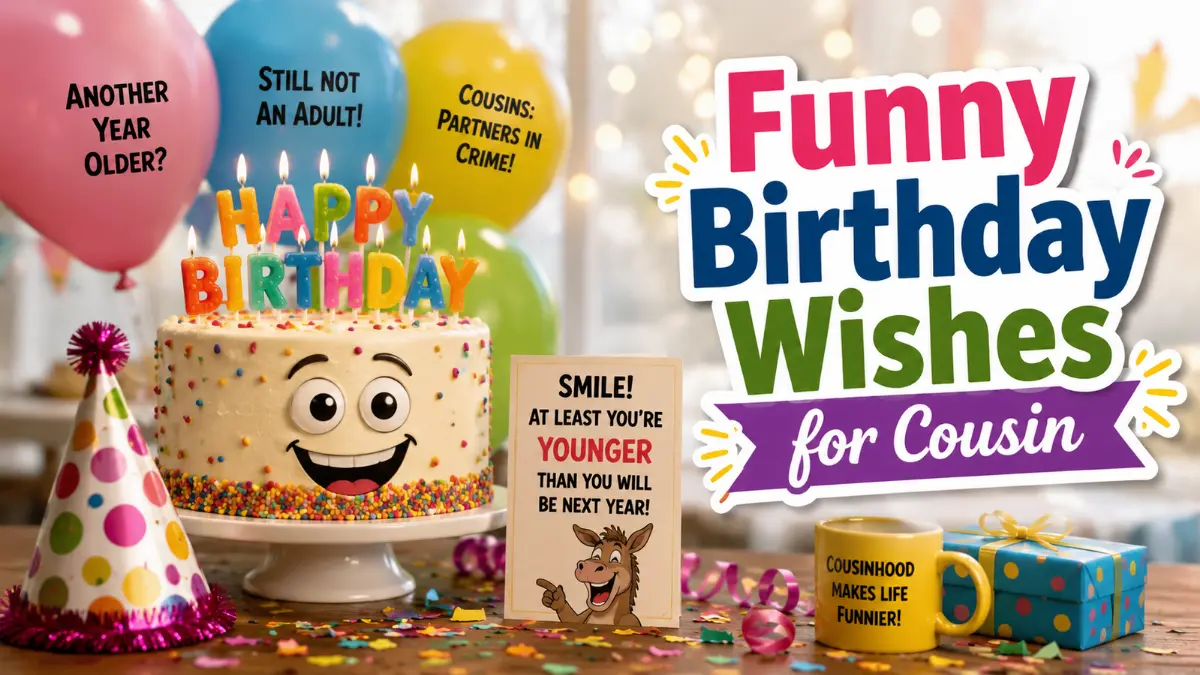 Funny birthday wishes for cousin with colorful cake, party hat, balloons, and confetti