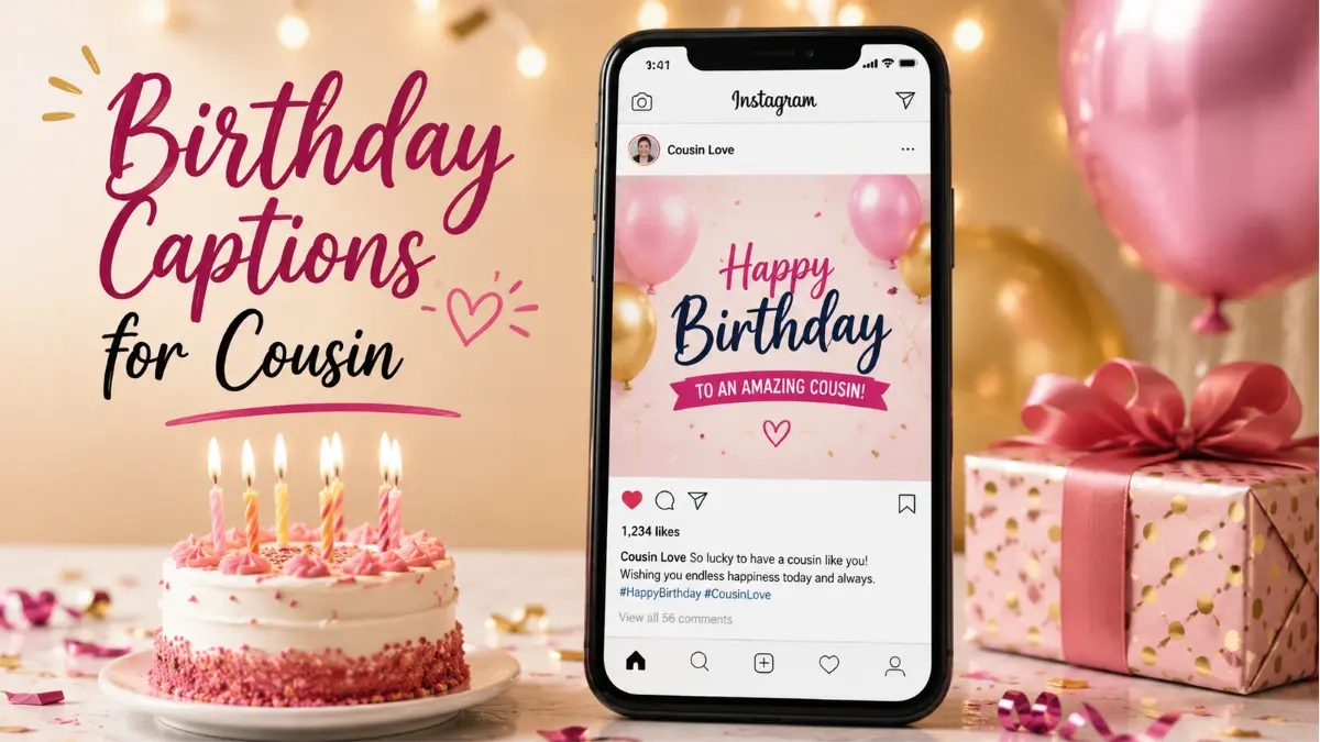 Birthday captions for cousin with smartphone birthday post, cake, balloons, and gifts