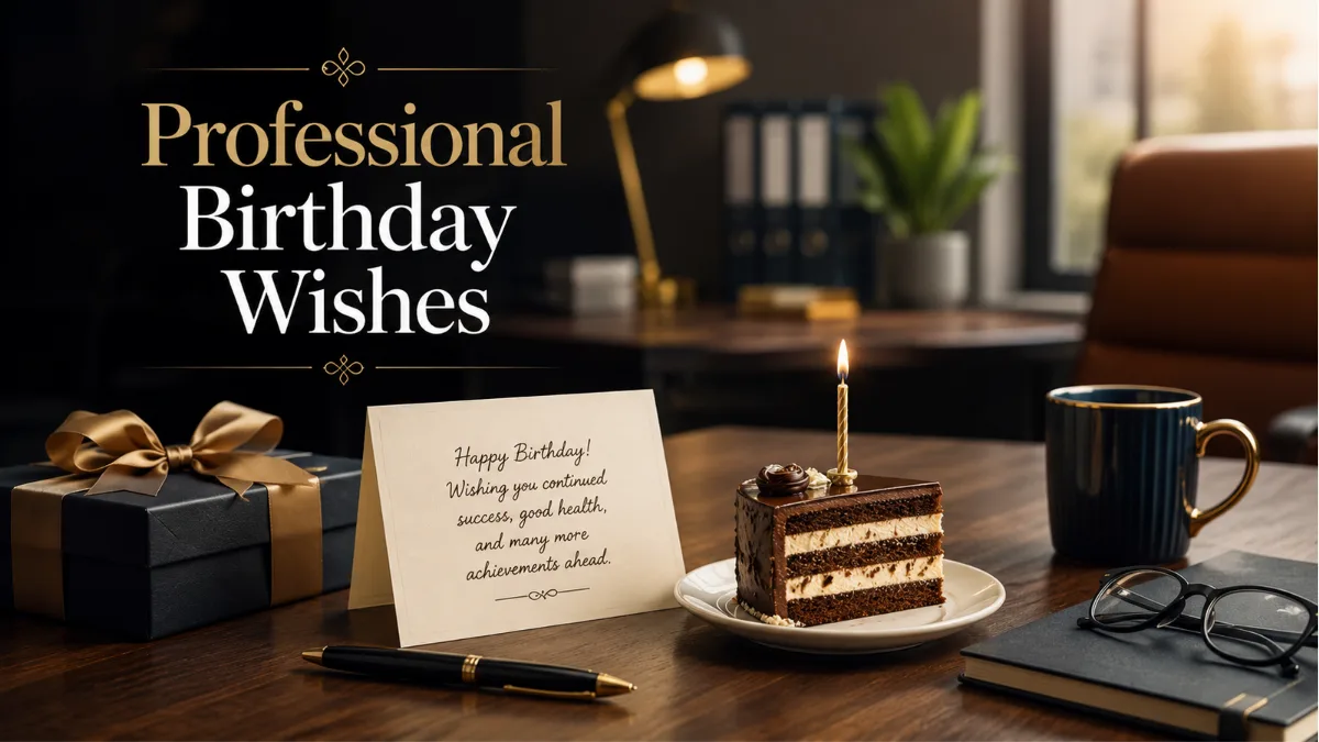 Professional birthday card message for boss with cake and office desk background