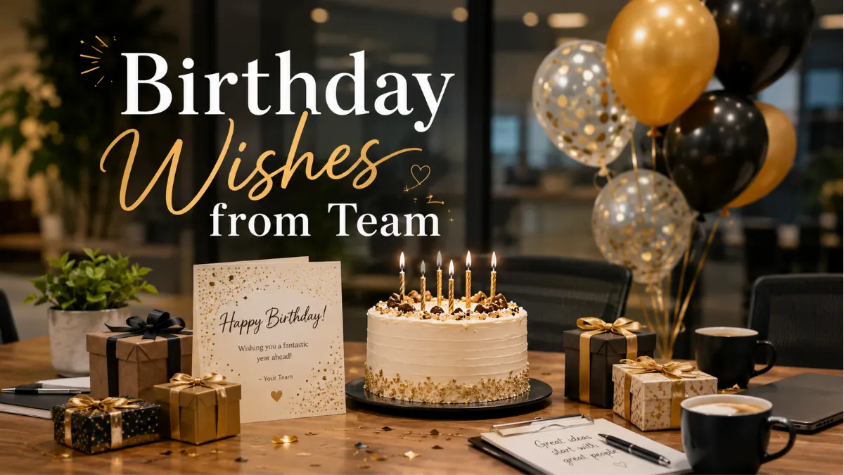 Team birthday wishes for boss with office celebration, greeting card, and birthday cake