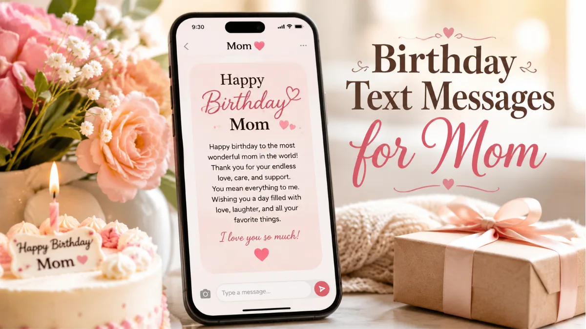 Birthday text message for mom on a smartphone with flowers and gifts.