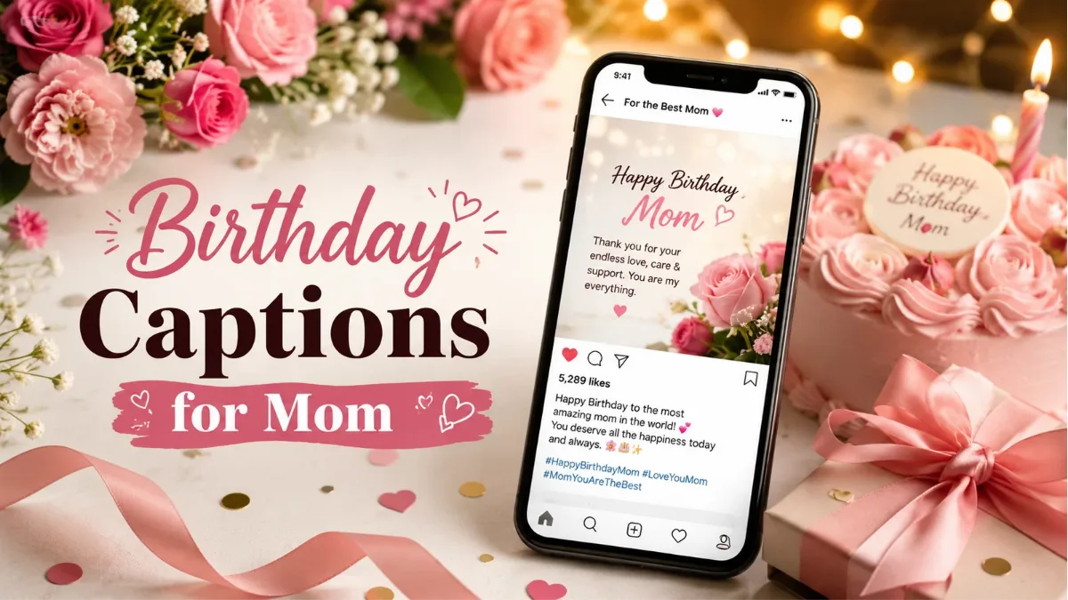 Social media birthday caption for mom with cake, flowers, and phone.