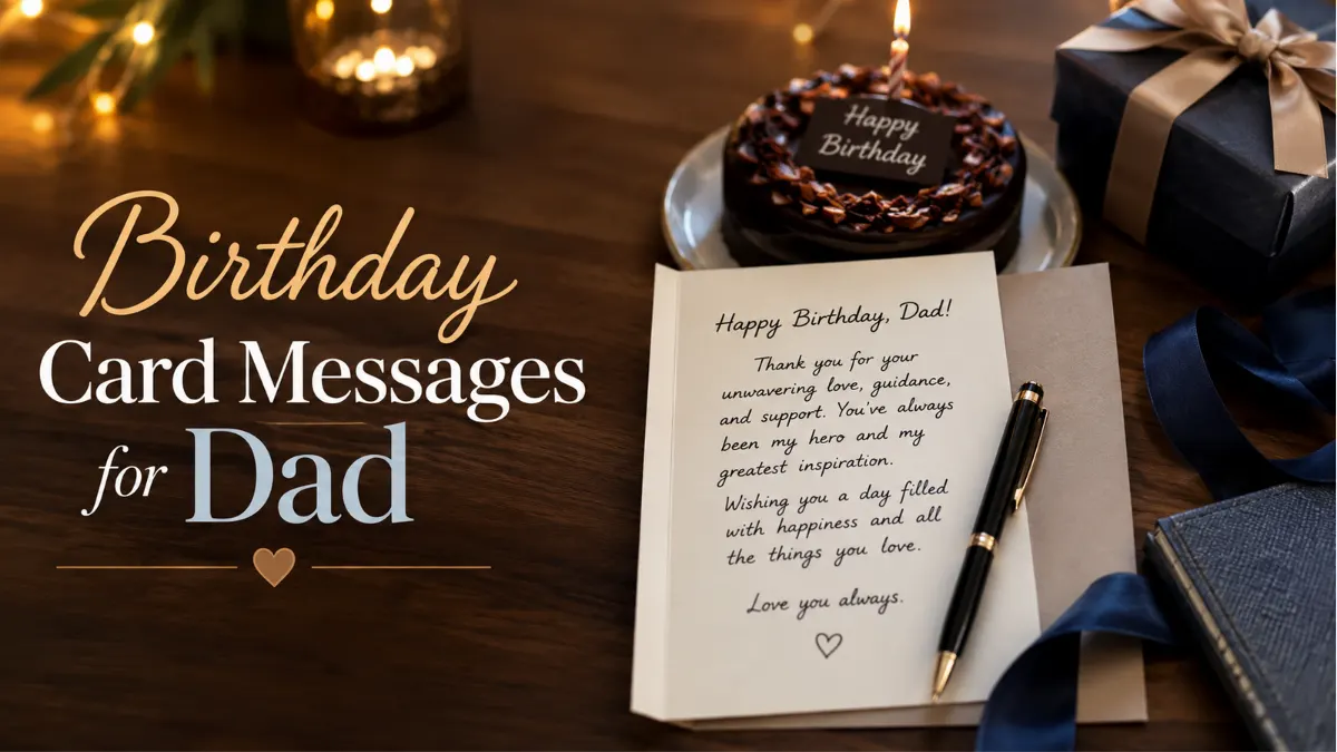 Handwritten birthday card message for dad with gift and pen