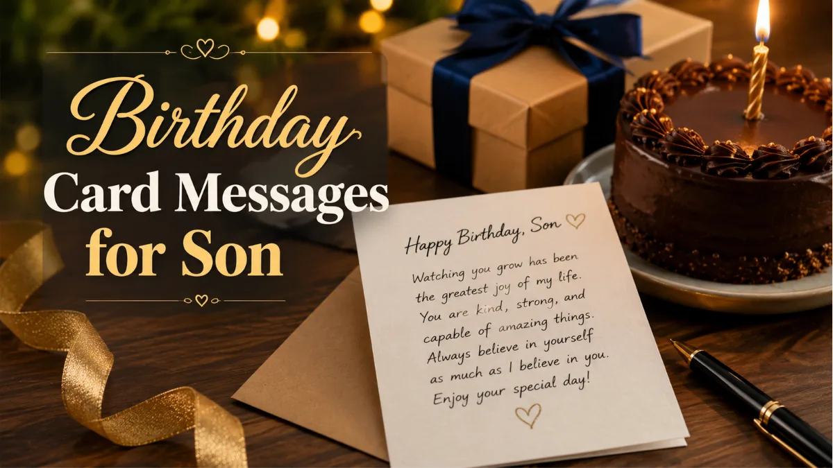 Birthday card messages for son with greeting card, pen, cake, and gift ribbon