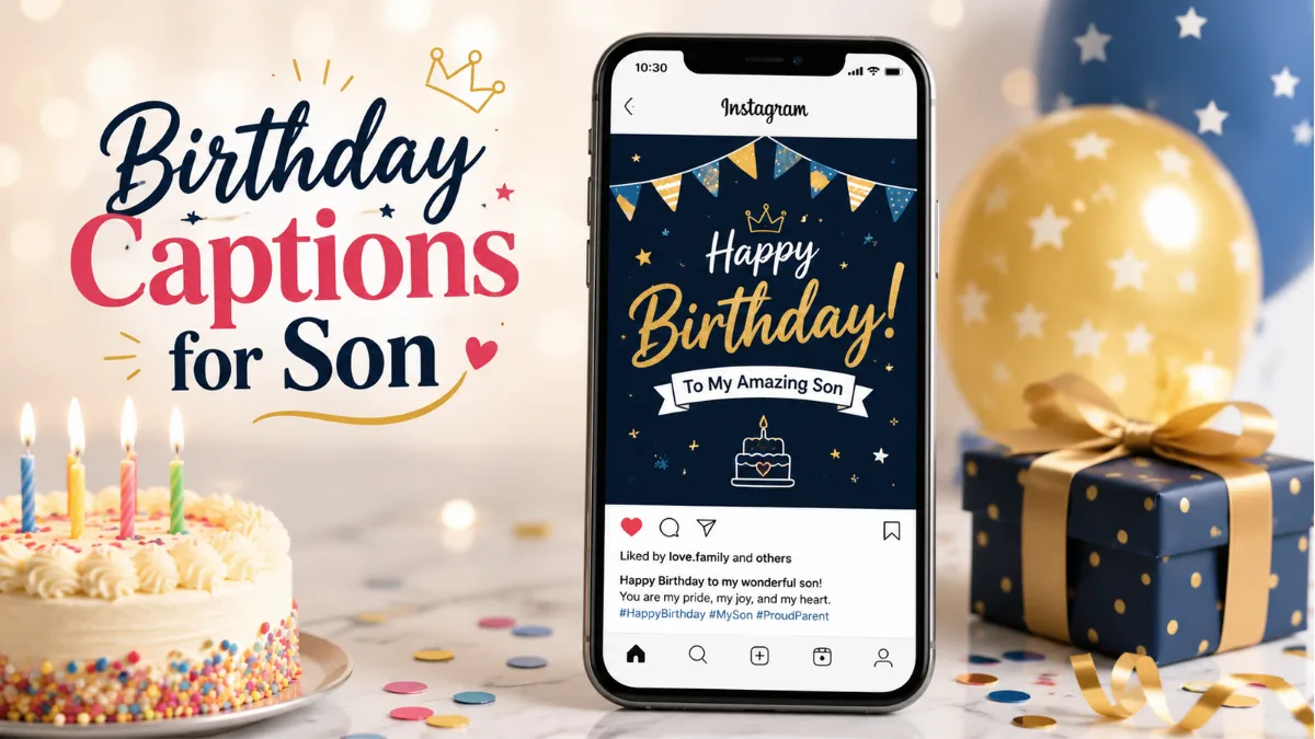 Birthday captions for son with smartphone birthday post, cake, gift box, and confetti