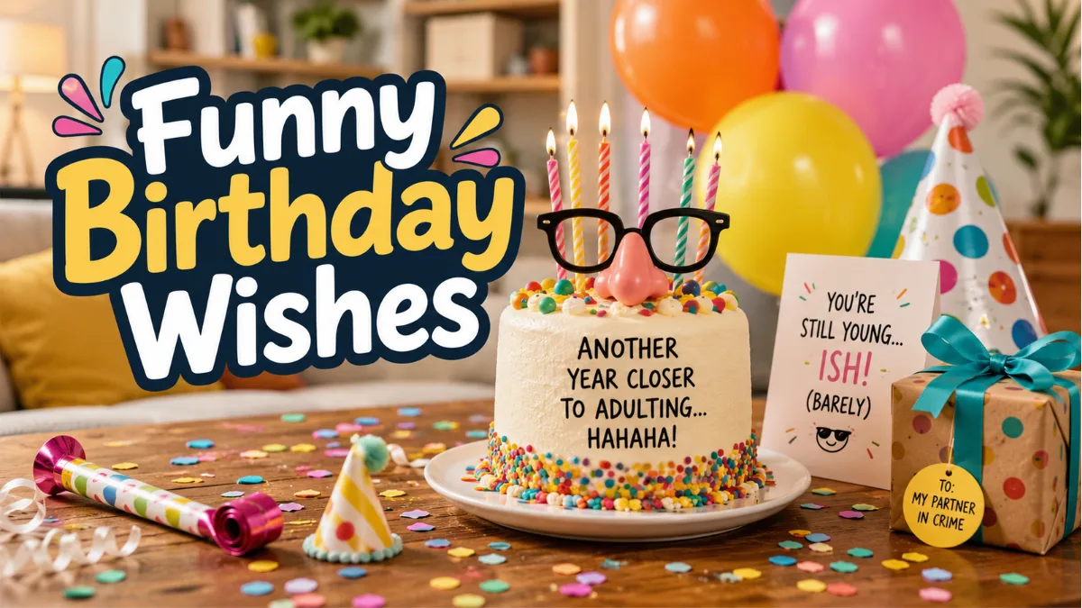 Funny birthday wishes for best friend with cake balloons confetti and playful birthday card