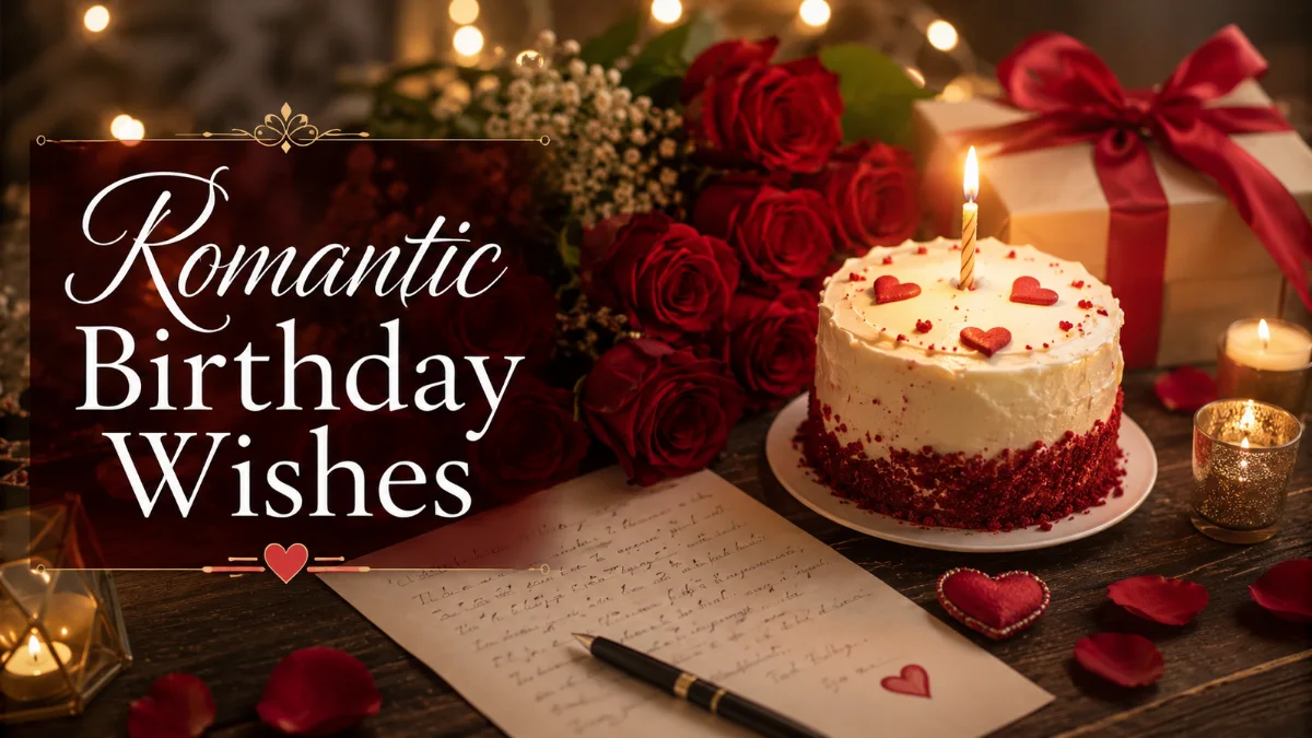 Romantic birthday wishes for boyfriend with roses, candles, birthday cake, and love letter.