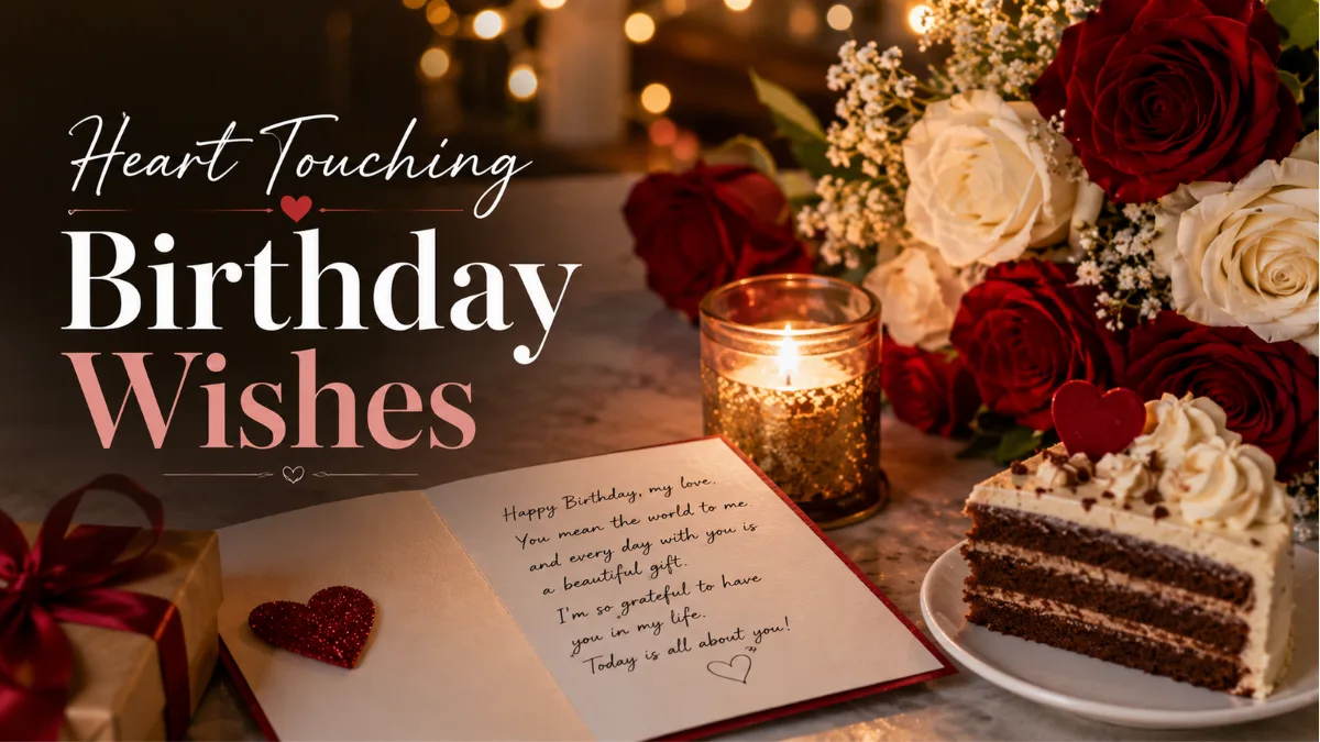 Heart touching birthday wishes for boyfriend with handwritten card, candle, roses, and cake slice.
