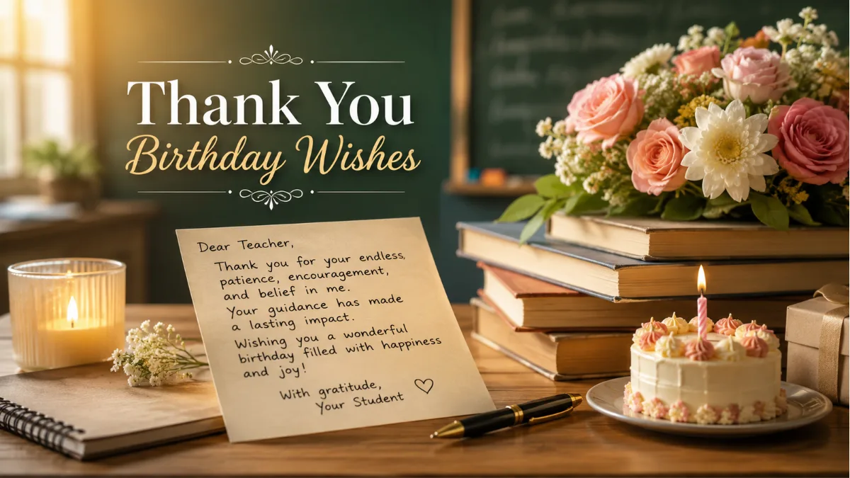 Thank you birthday wishes for teacher with handwritten note, books, flowers, candle, and small cake.