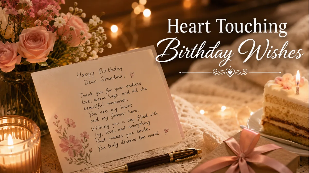Heart touching birthday wishes for grandmother with a handwritten card, flowers, candle, and soft warm light.