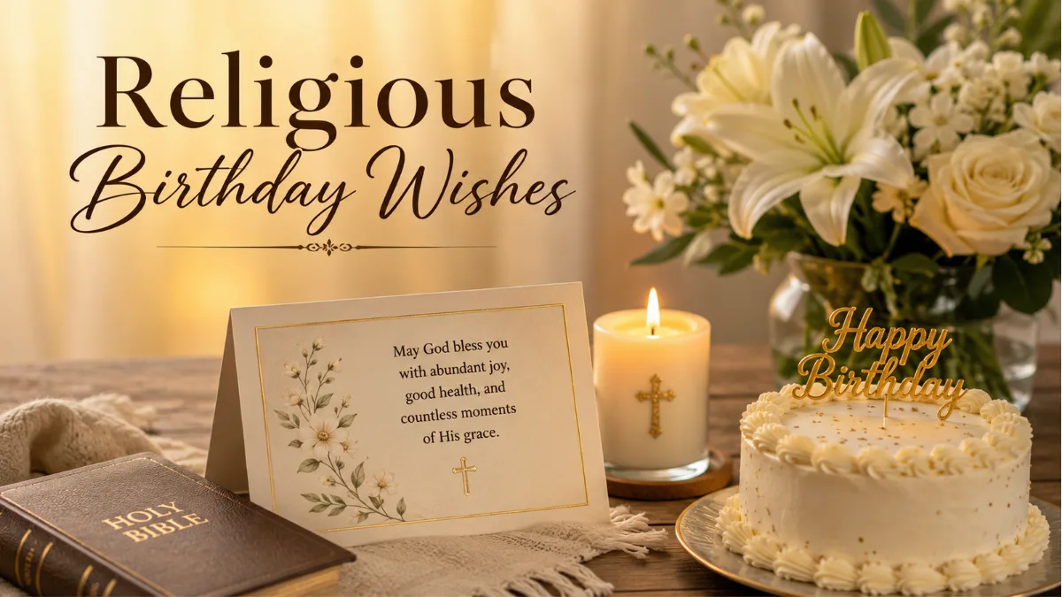 Religious birthday wishes for grandmother with a peaceful candle, flowers, birthday card, and soft golden light.