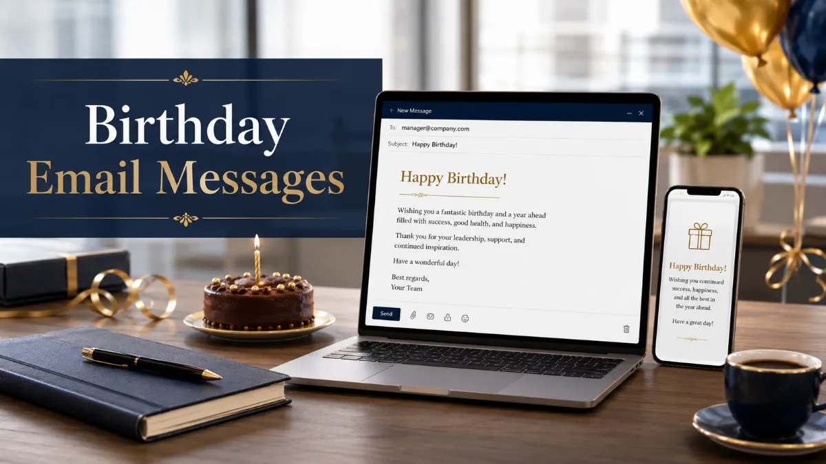 Professional birthday email and text message for a manager displayed on laptop and smartphone