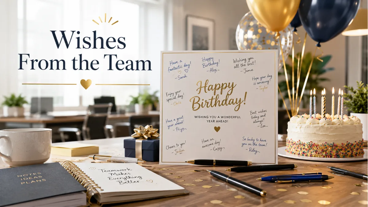Employee birthday wishes from the team with signed card and office cake