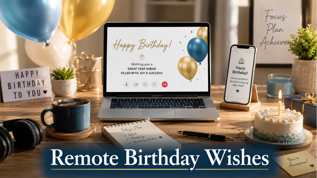 Remote employee birthday wishes with laptop video celebration setup