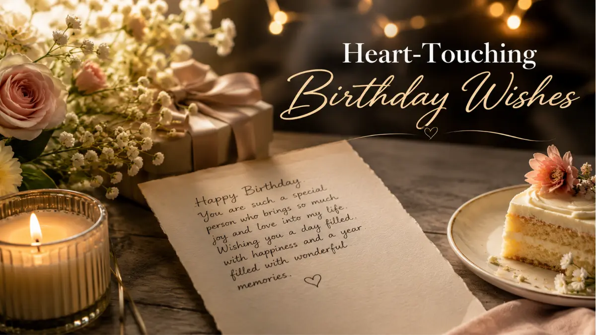 Heart-touching birthday wishes for someone special with a handwritten card, flowers, candle, and cake